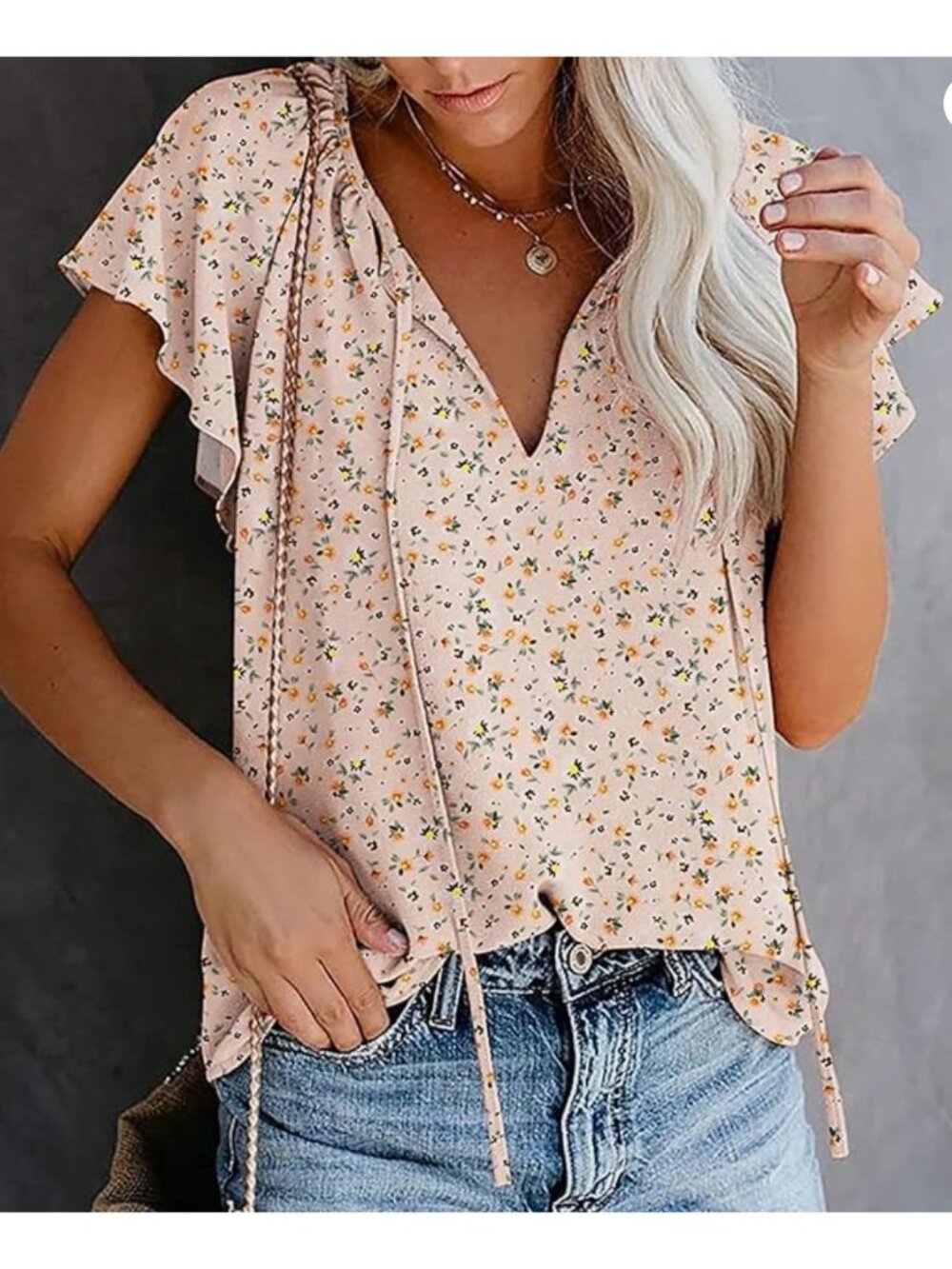 SimpleFun Womens Floral Short Sleeve Blouse Peach Tie Neck Medium